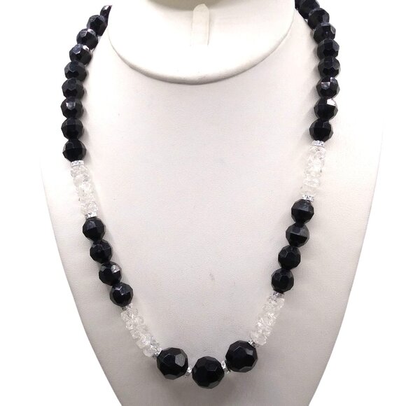 Black and Clear Faceted Bead Necklace, Plastic Beads for Lightweight Art Deco - Picture 1 of 3